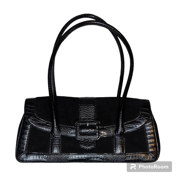 Ann Taylor Handbag Black Leather Suede  Double Handles Multiple Pockets A83 - Picture 14 of 14